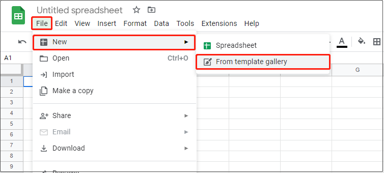 open a spreadsheet from the template gallery