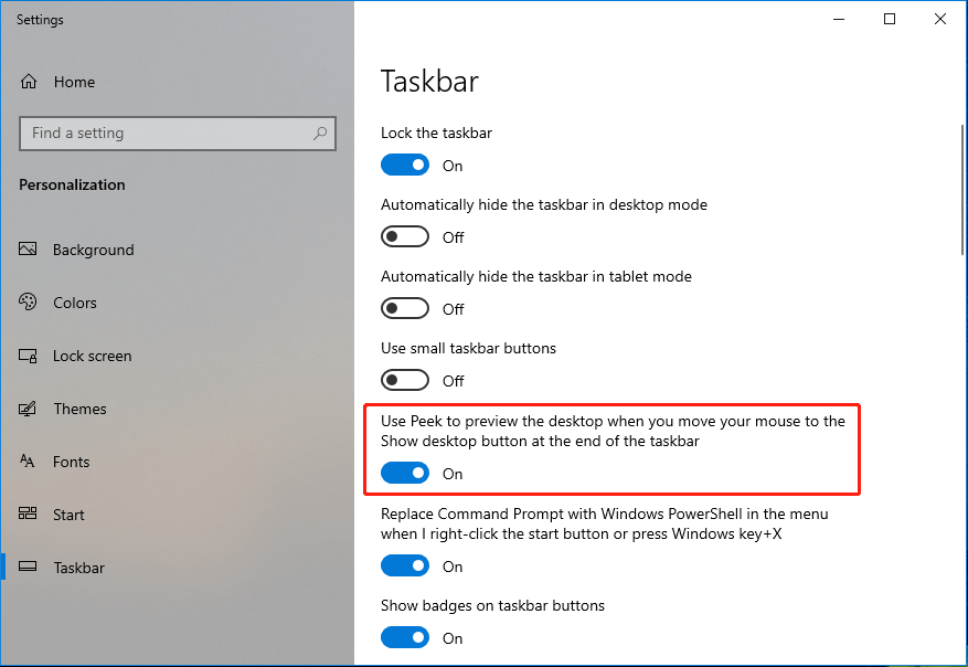 turn on peek via taskbar settings