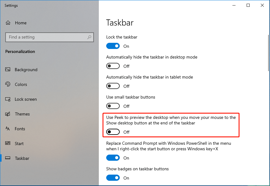disable peek on Windows 10