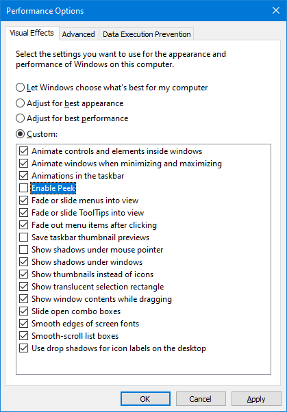 deselect Enable Peek