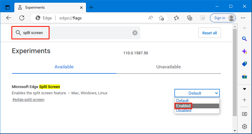 enable Split Screen in Edge