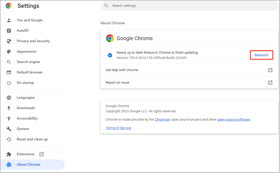 relaunch updated Chrome