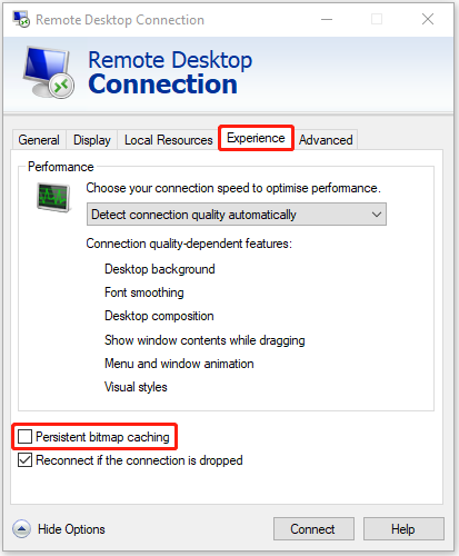 uncheck the Persistent bitmap caching option