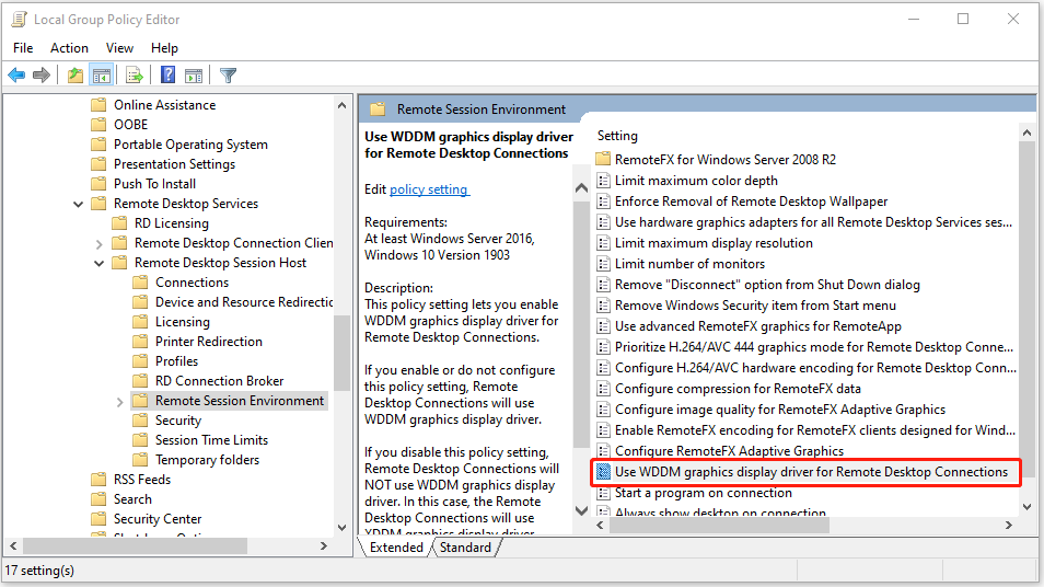 double-click Use WDDM graphics display driver for Remote Desktop Connections 