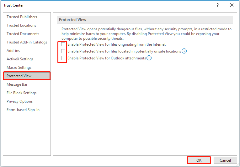 disable the Protected View