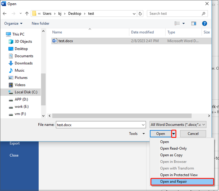 select Open and Repair