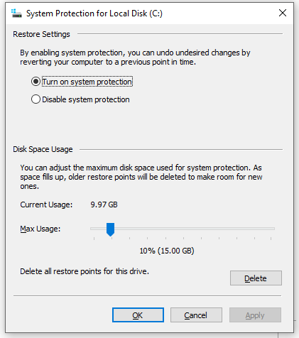 System Protection for Local Disk C:
