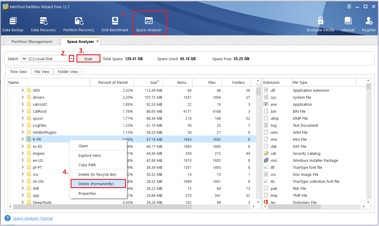 delete unnecessary files via MiniTool Partition Wizard