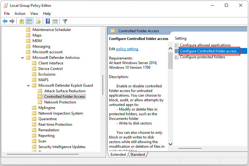 double-click Configure Controlled folder access