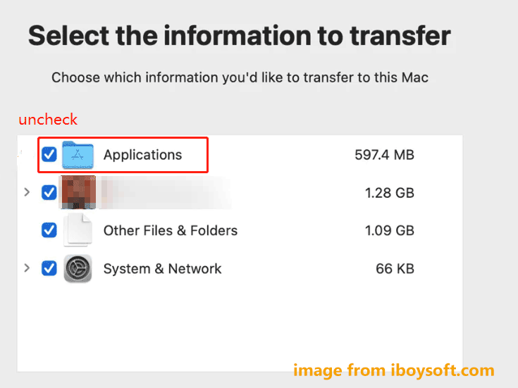 uncheck applications in Migration Assistant