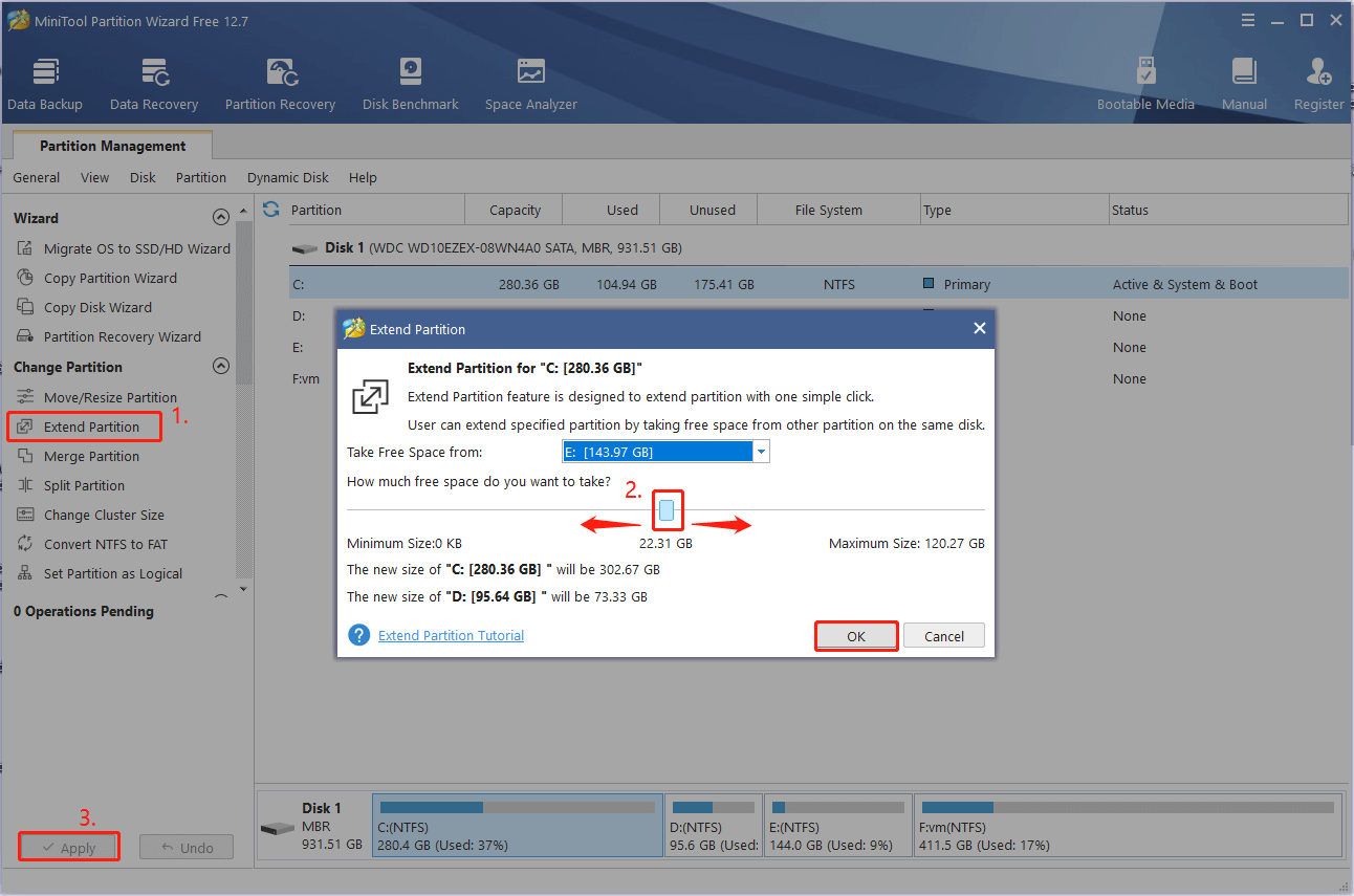 extend partition using MiniTool