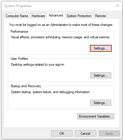 click Settings in System Properties