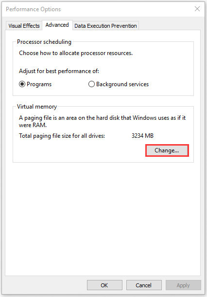 click Change under Virtual Memory