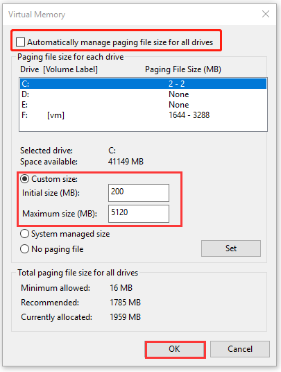 click Custom size in Virtual Memory