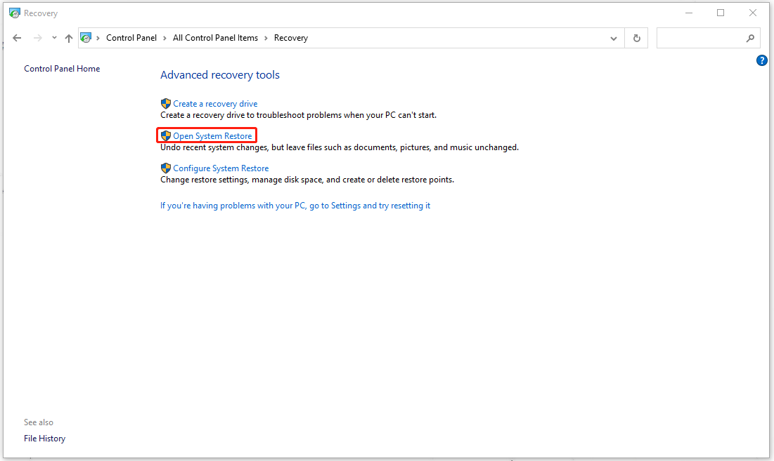 choose Open System Restore