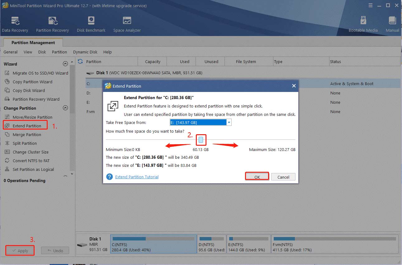 extend partition using MiniTool