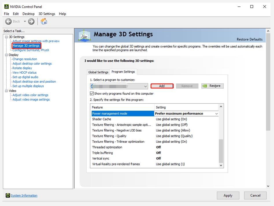 add program on Nvidia Control Panel