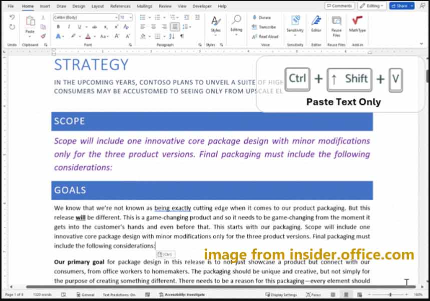 word copy paste text only shortcut