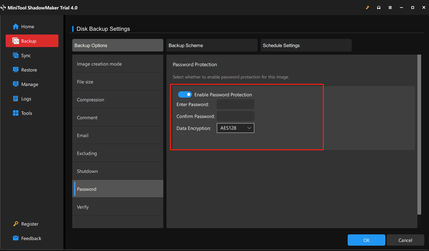 encrypt backup image file in MiniTool ShadowMaker