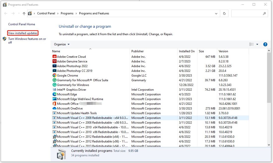 choose View installed updates