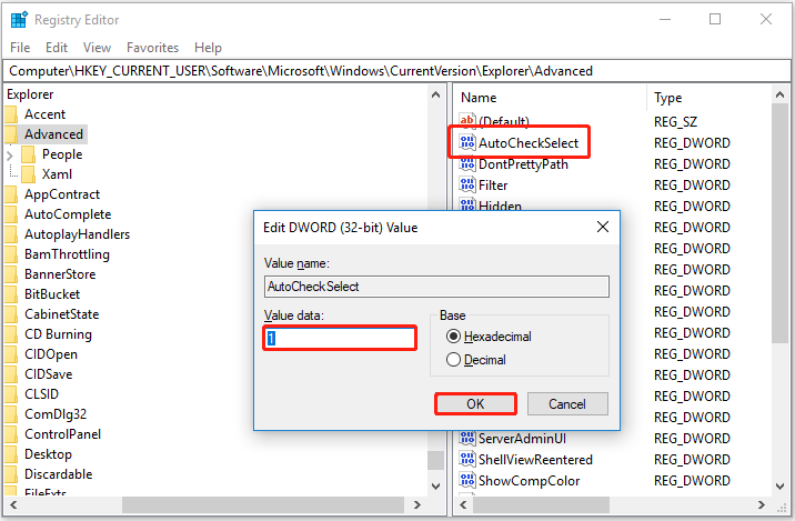 change the value data to 1
