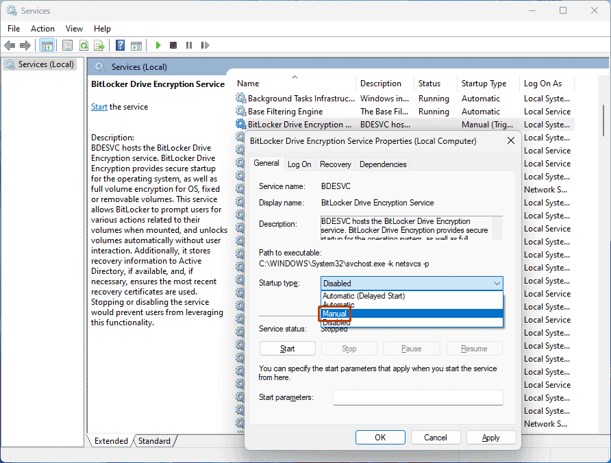 set the startup type to Manual