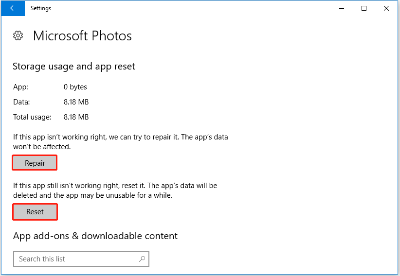 repair or reset Photos