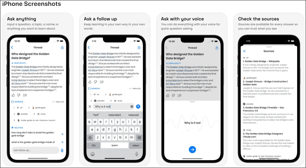 iPhone screenshots of Perplexity