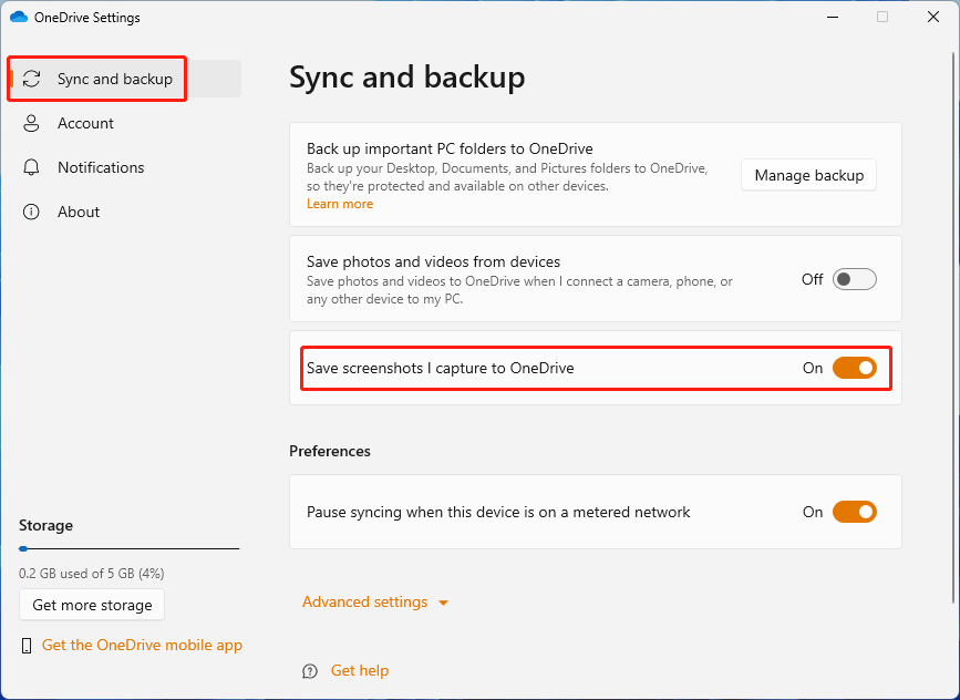 turn on Save screenshots I capture to OneDrive