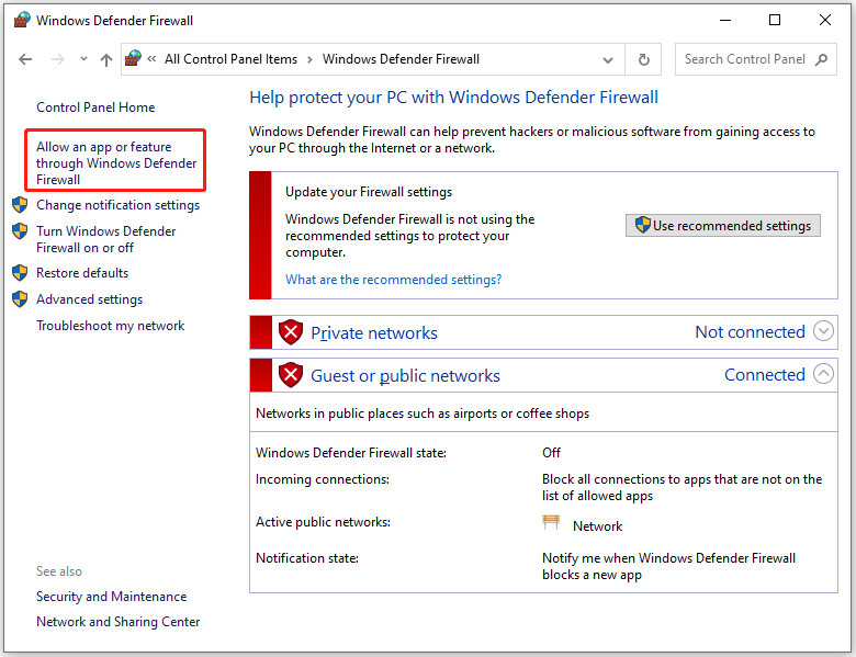 click Allow an app or feature through Windows Defender Firewall