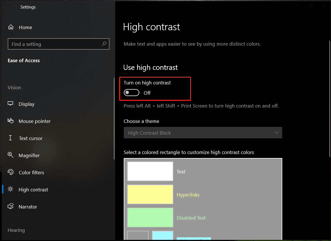 disable high contrast Windows 10