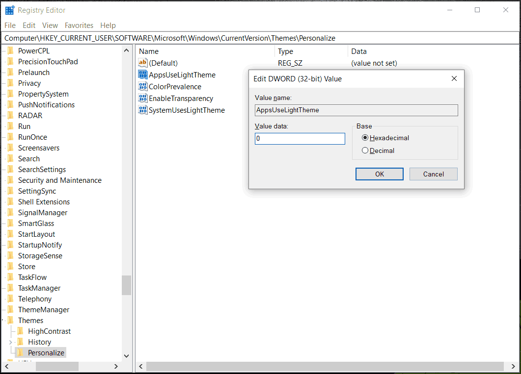 change AppsUseLightTheme in registry