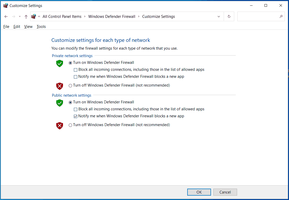 turn on Windows Defender Firewall