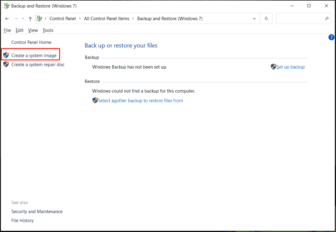 create a system image Windows 10