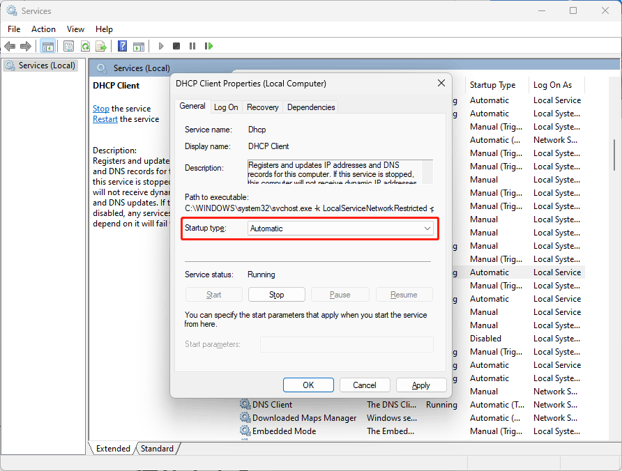 enable the DHCP client service and set it as automatic