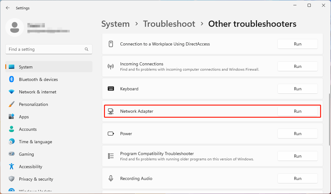 run Network adapter troubeshooter