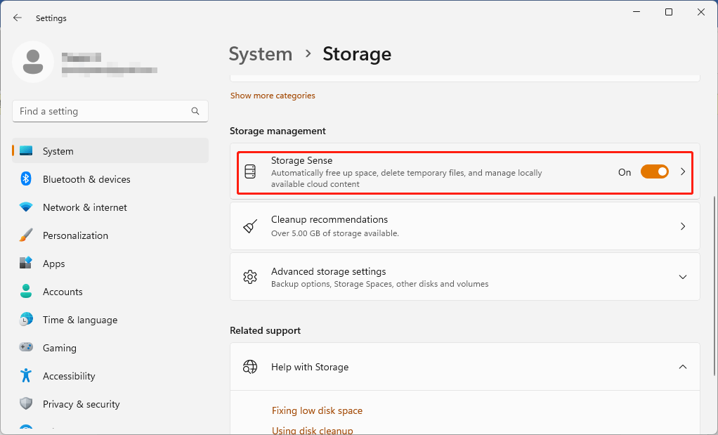 turn on Storage Sense on Windows 11