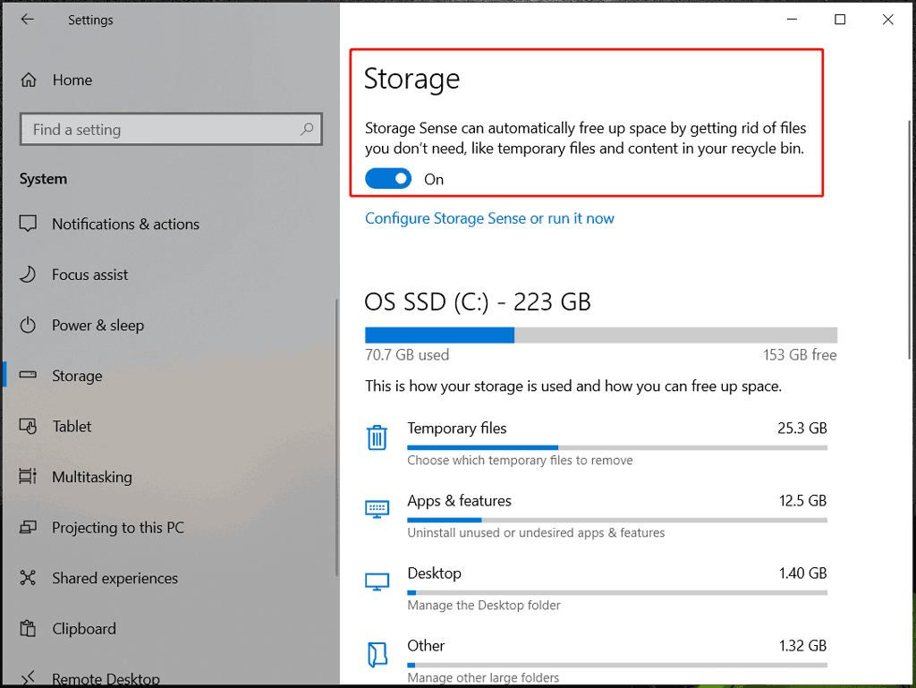 turn on Storage Sense on Windows 10