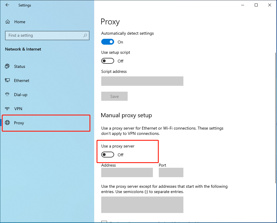 disable proxy setting