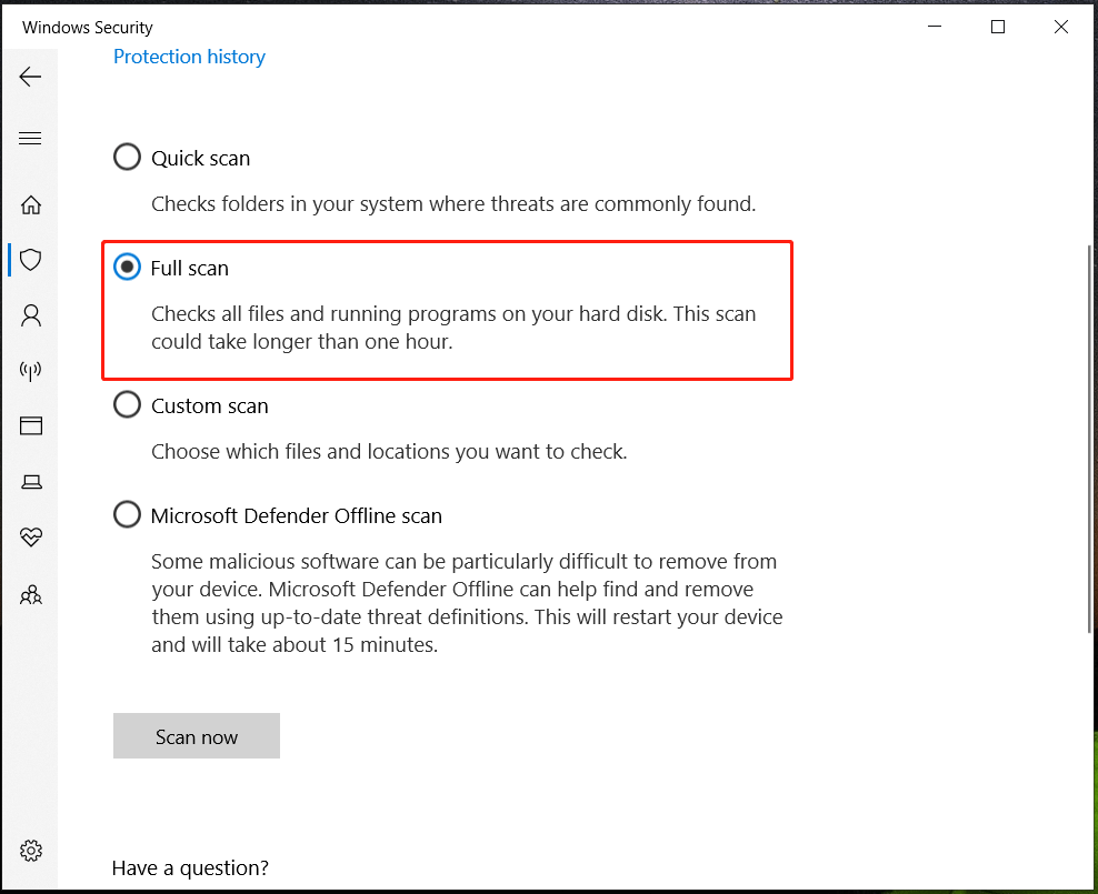 run full scan with Windows Defender