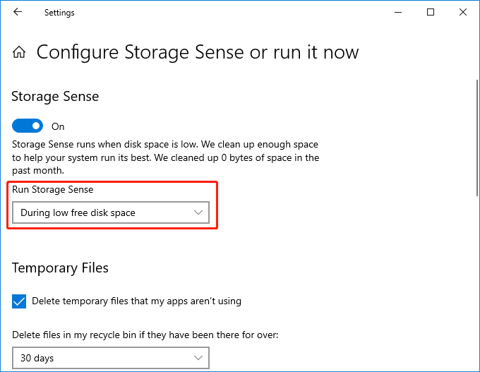 set to run Storage Sense during low free disk space