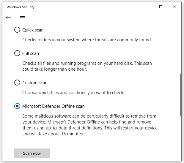 tick Microsoft Defender Offline scan 