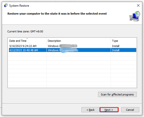 select a restore point