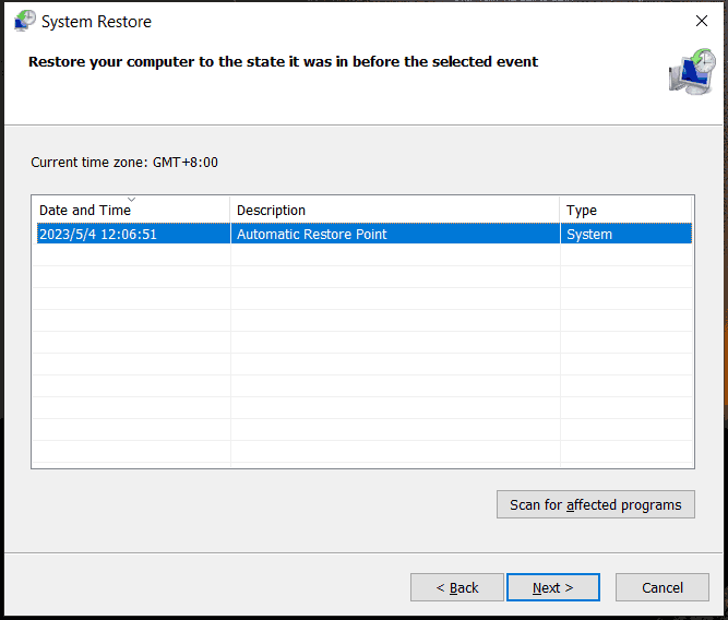 choose a restore point