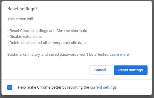 hit Reset settings