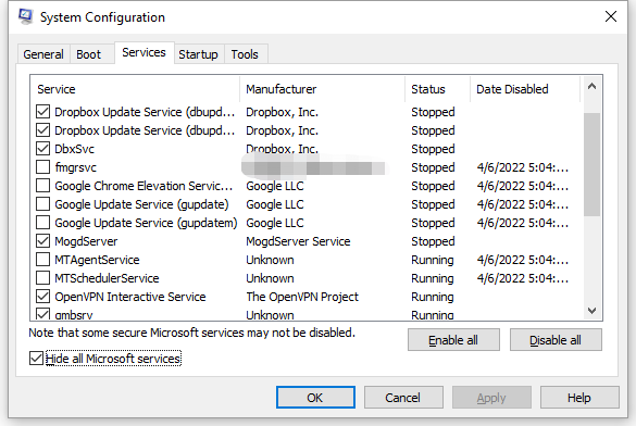 hit Hide all Microsoft services