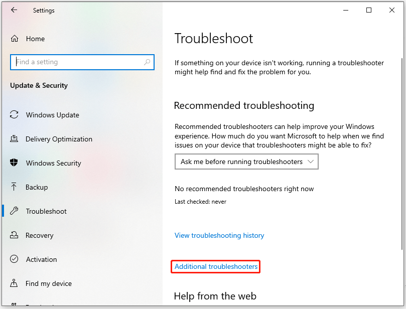 click Additional troubleshooters