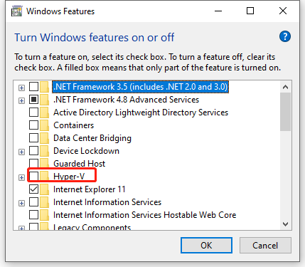 uncheck Hyper-V