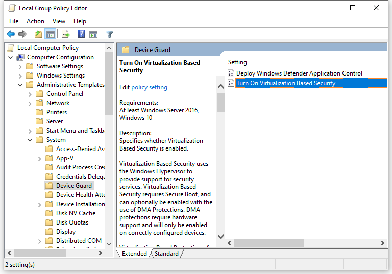 hit Turn On Virtualization Based Security