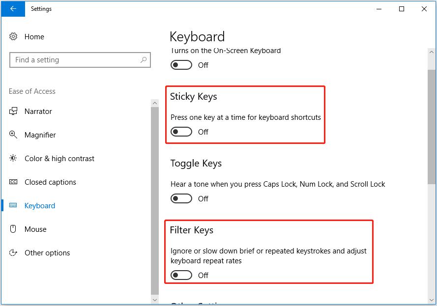 turn off the Sticky Keys and Filter Keys